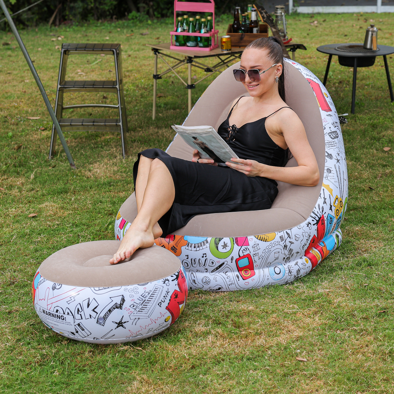 Outdoor Camping Furniture - 1PC Inflatable Lounger Chair with Ottoman,