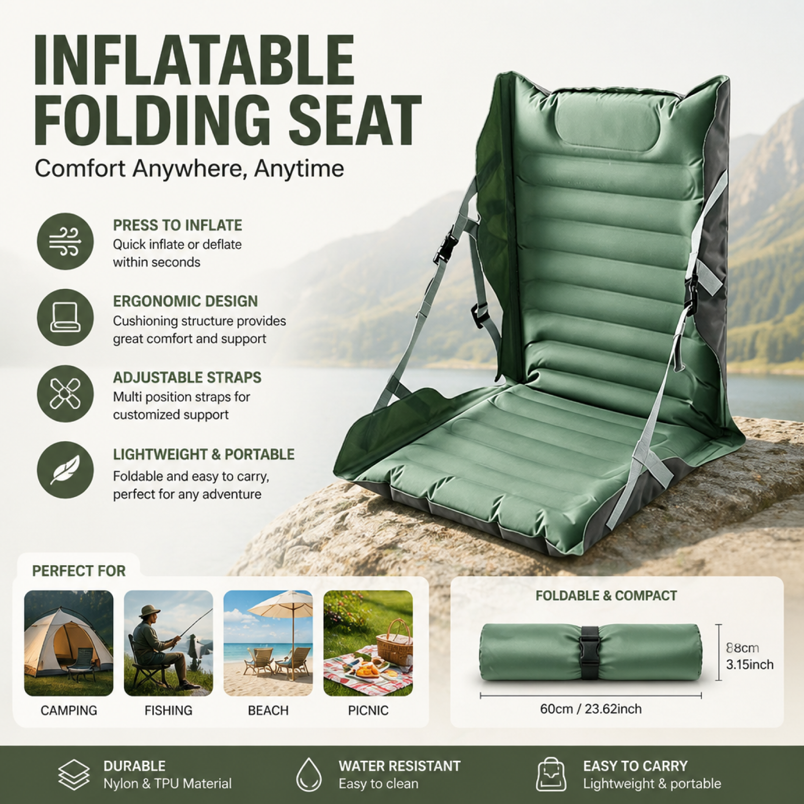 Outdoor Camping Furniture - Inflatable Folding Seat Cushion with Back